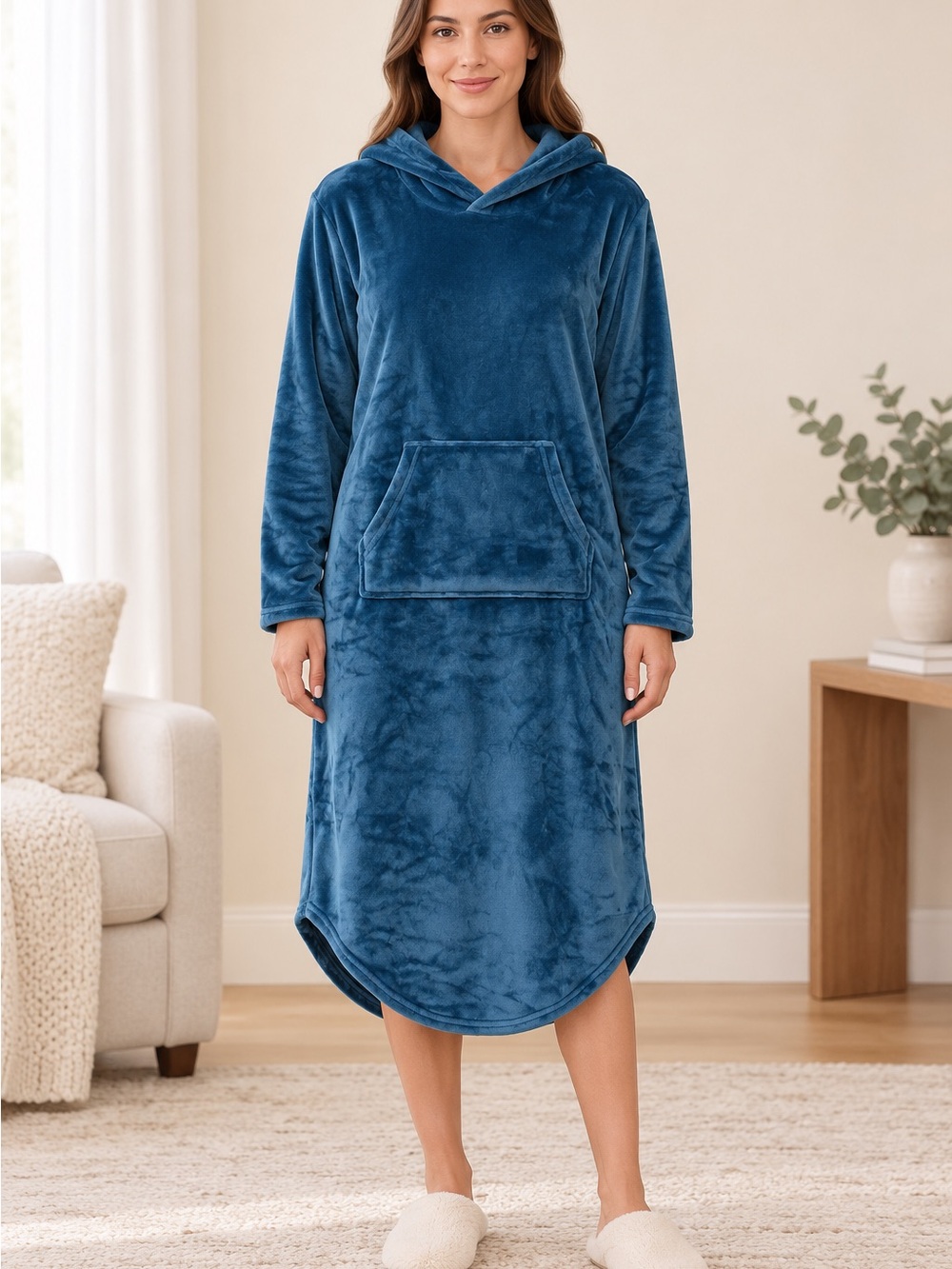 NWT 32 Degrees Plush Hooded Lounge Dress in Navy Blue